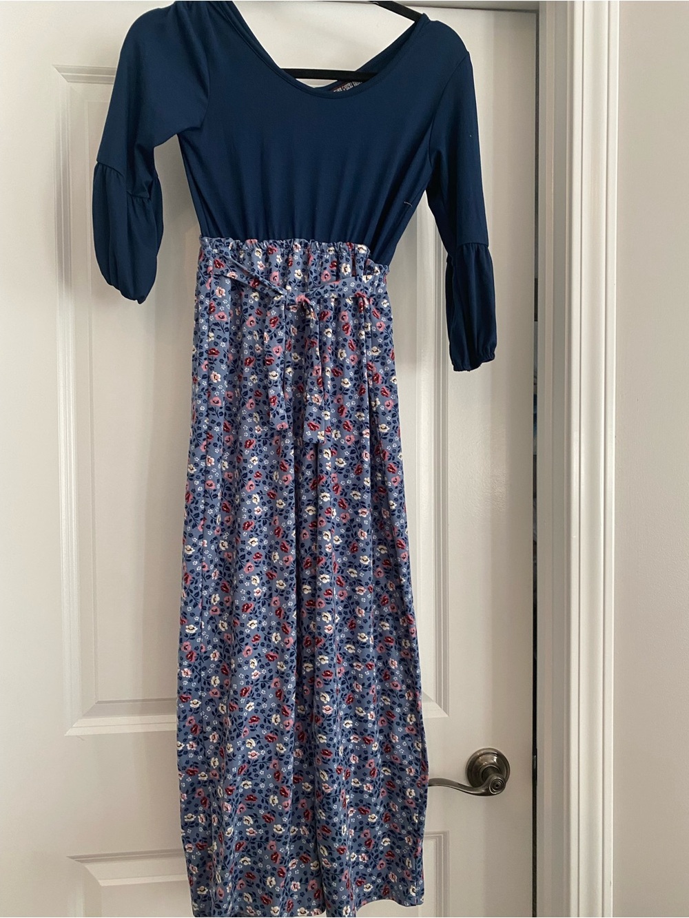 Girls' Navy Blue Floral pantsuit with front tie at waist